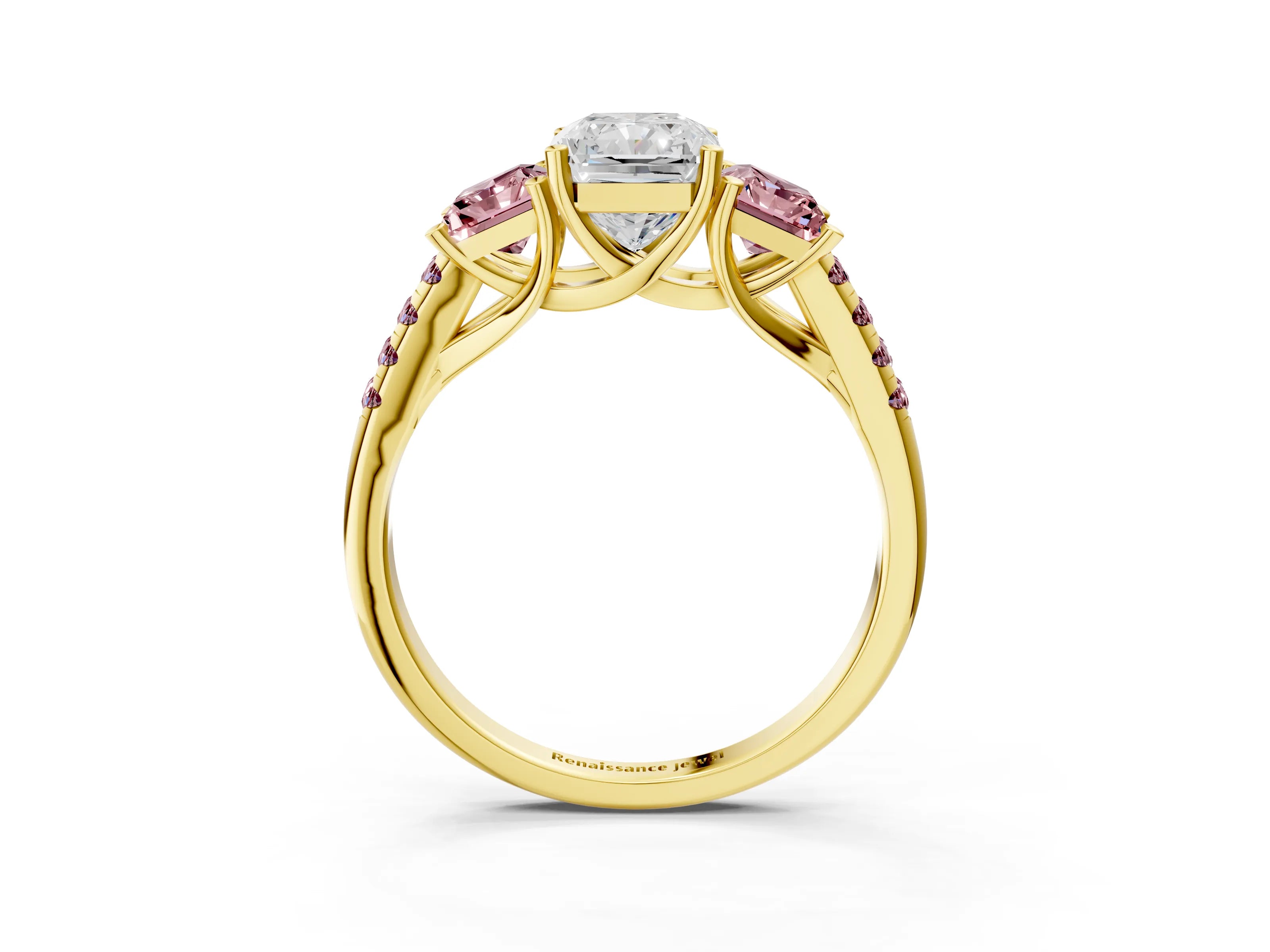 Yellow gold Three-Stone Radiant Cut Diamond Ring with Round with Morganite side stone Pavé Band and Prong Setting_3