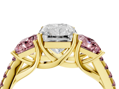 Yellow gold Three-Stone Radiant Cut Diamond Ring with Round with Morganite side stone Pavé Band and Prong Setting_4