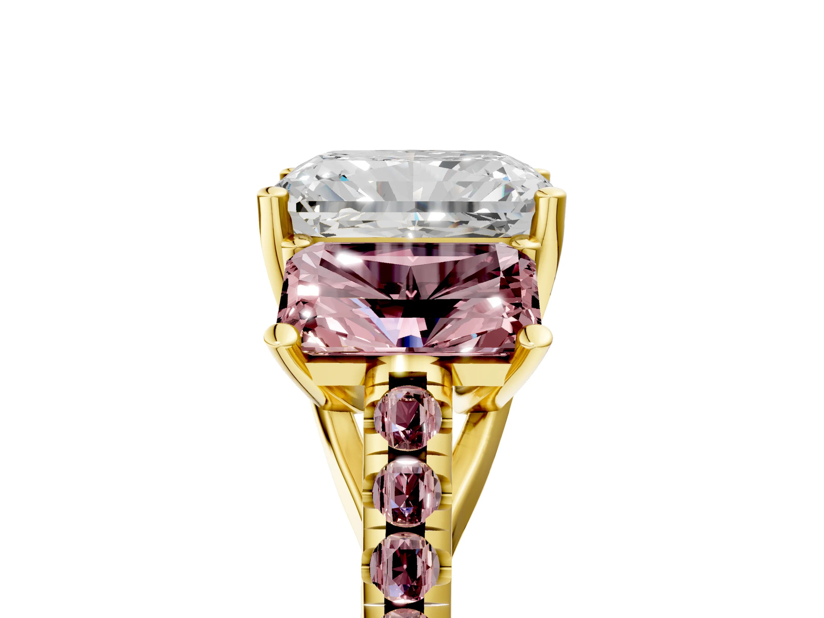 Yellow gold Three-Stone Radiant Cut Diamond Ring with Round with Morganite side stone Pavé Band and Prong Setting_5