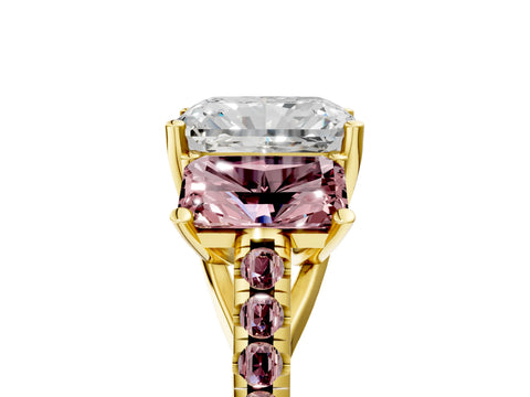 Yellow gold Three-Stone Radiant Cut Diamond Ring with Round with Morganite side stone Pavé Band and Prong Setting_5