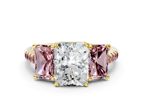 Yellow gold Three-Stone Radiant Cut Diamond Ring with Round with Morganite side stone Pavé Band and Prong Setting