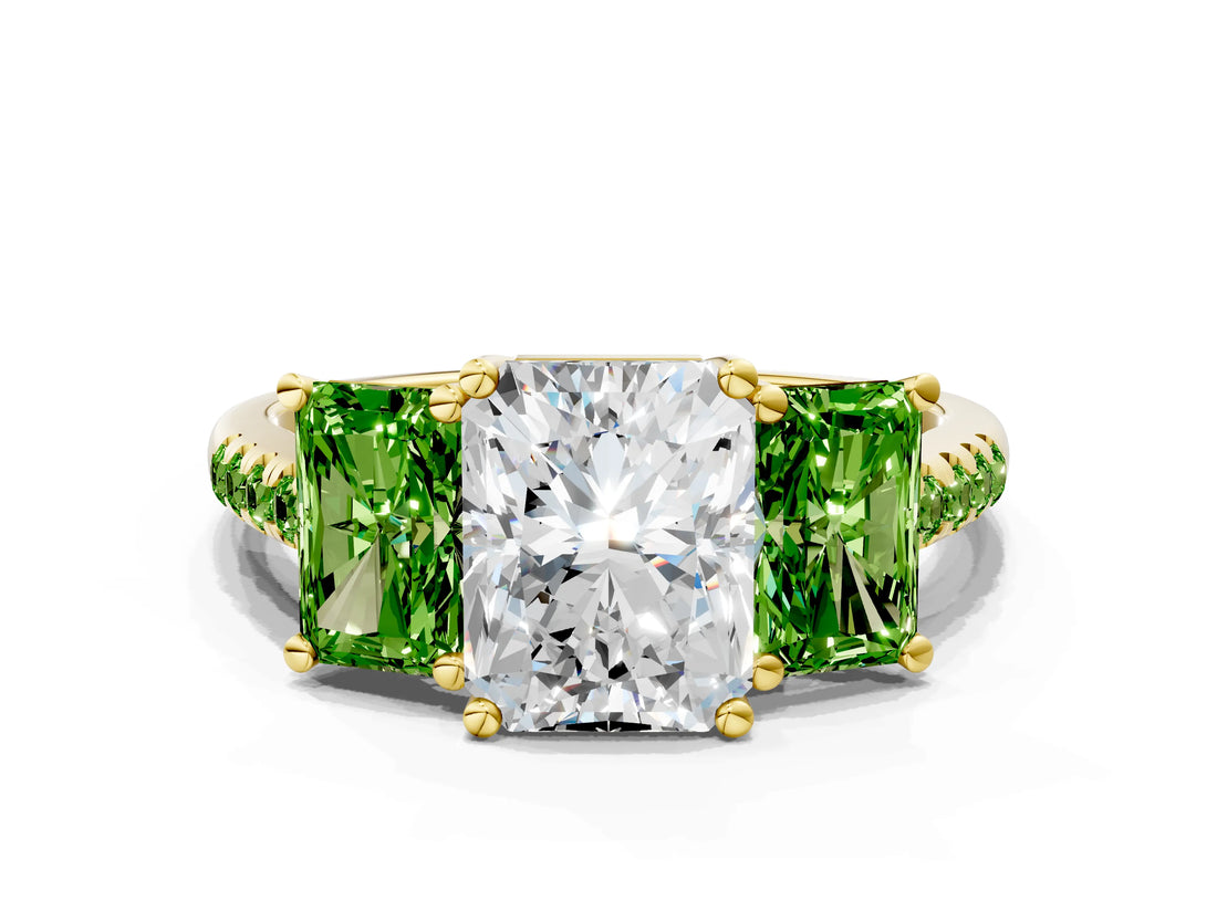 Yellow gold Three-Stone Radiant Cut Diamond Ring with Round with Peridot side stone Pavé Band and Prong Setting