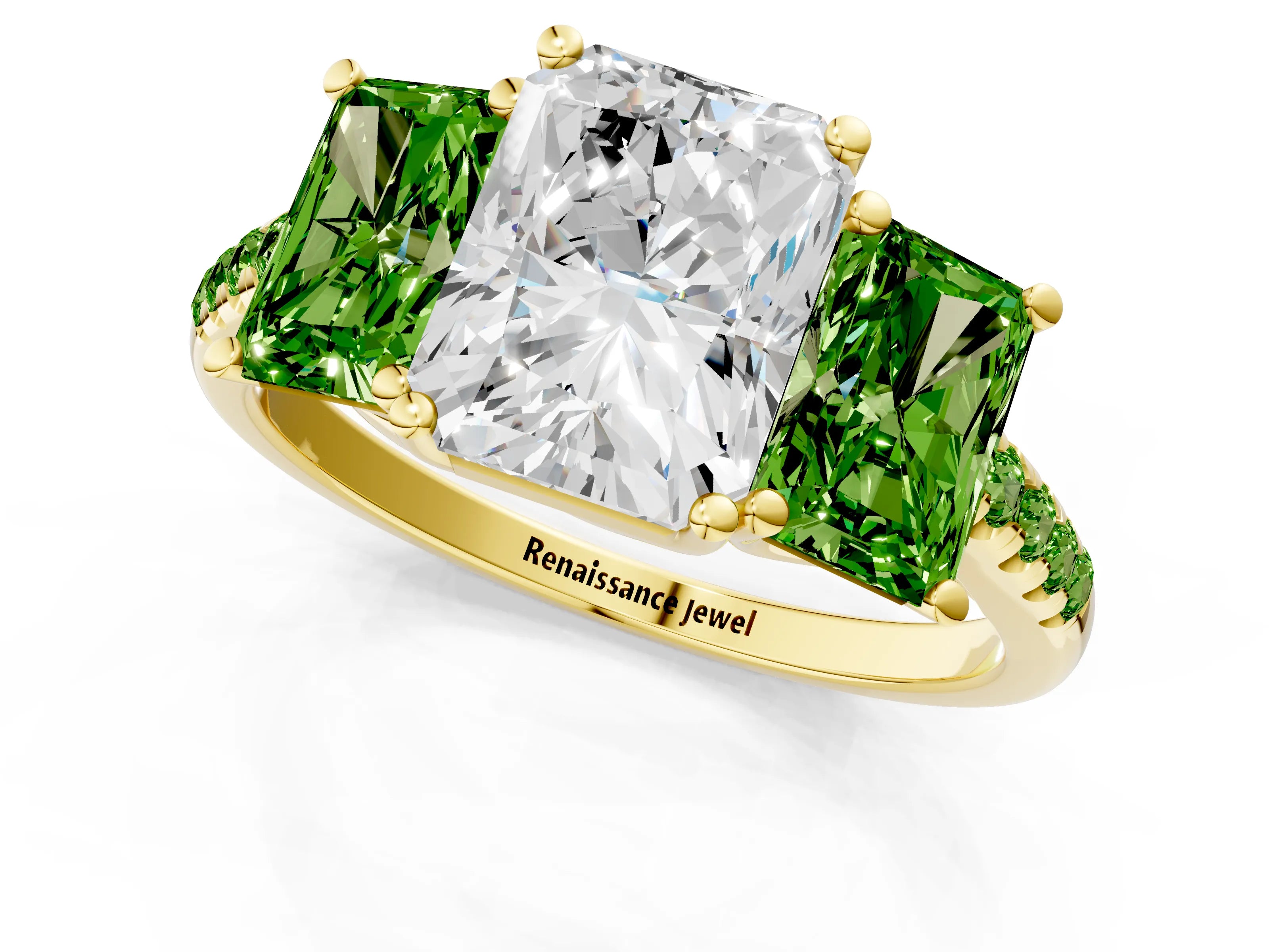Yellow gold Three-Stone Radiant Cut Diamond Ring with Round with Peridot side stone Pavé Band and Prong Setting_1