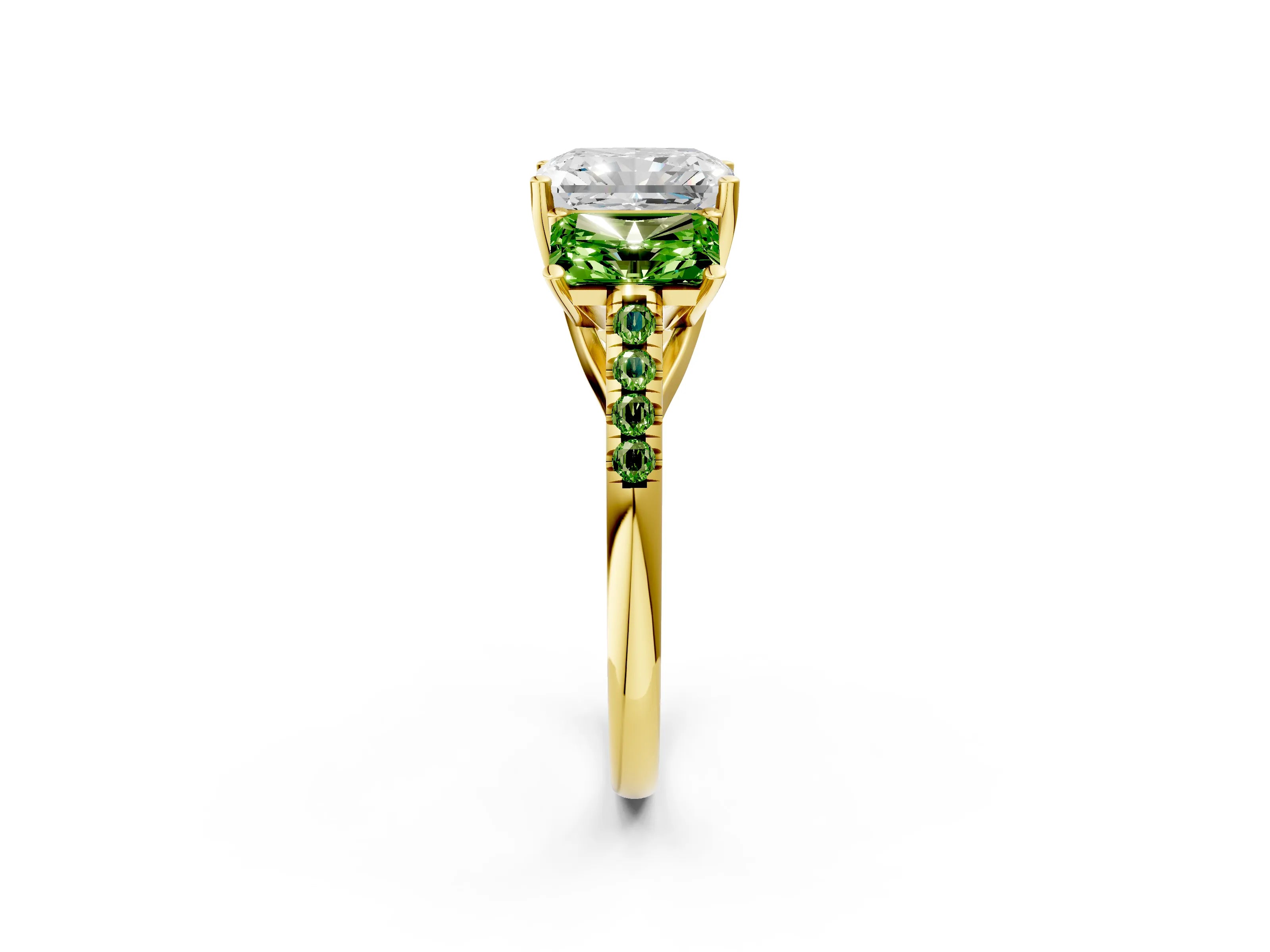 Yellow gold Three-Stone Radiant Cut Diamond Ring with Round with Peridot side stone Pavé Band and Prong Setting_2