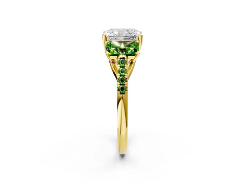 Yellow gold Three-Stone Radiant Cut Diamond Ring with Round with Peridot side stone Pavé Band and Prong Setting_2