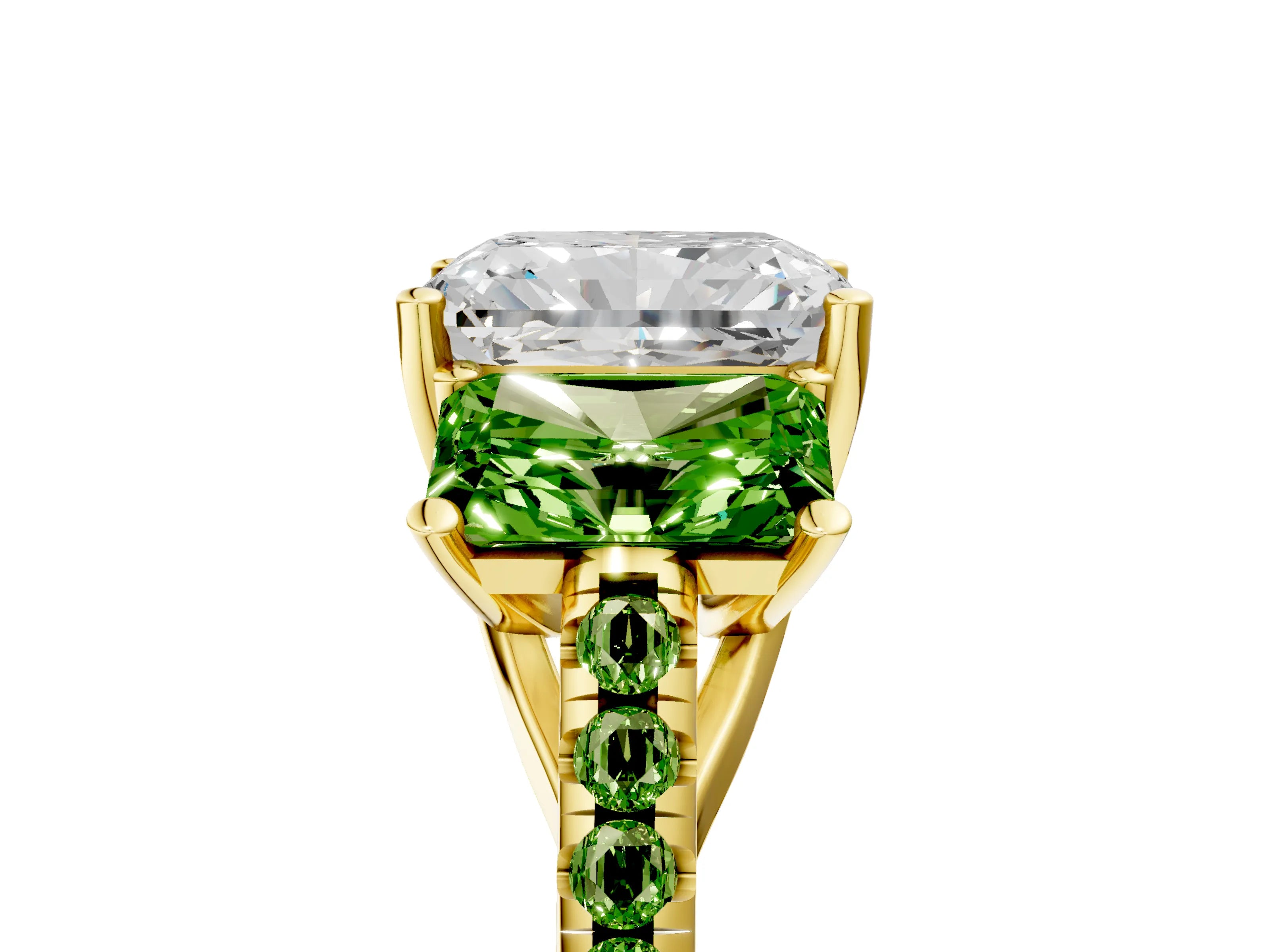 Yellow gold Three-Stone Radiant Cut Diamond Ring with Round with Peridot side stone Pavé Band and Prong Setting_5