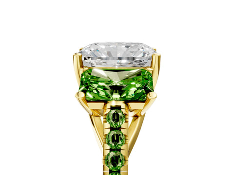 Yellow gold Three-Stone Radiant Cut Diamond Ring with Round with Peridot side stone Pavé Band and Prong Setting_5