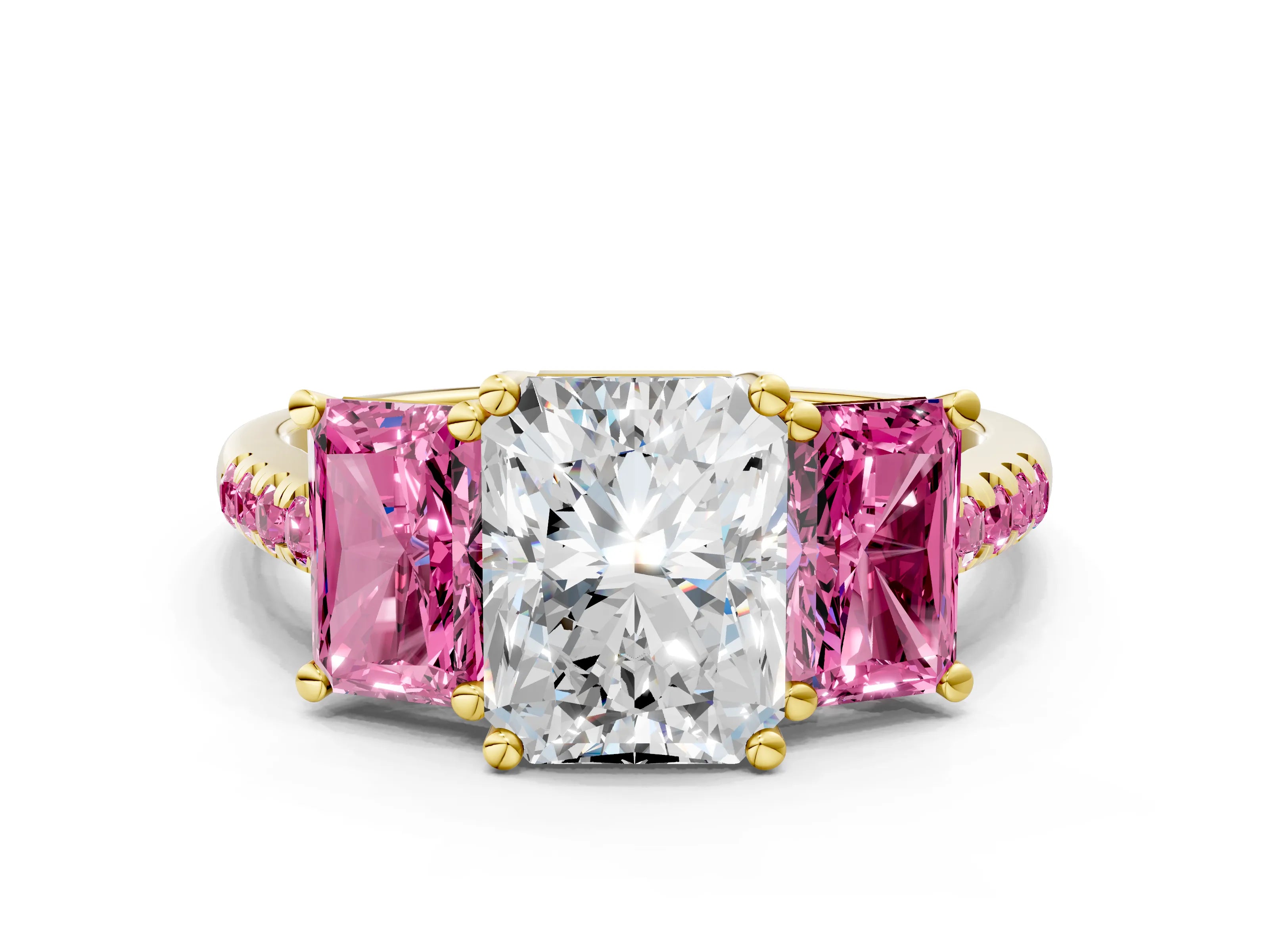 Yellow gold Three-Stone Radiant Cut Diamond Ring with Round with Pink Sapphire side stone Pavé Band and Prong Setting