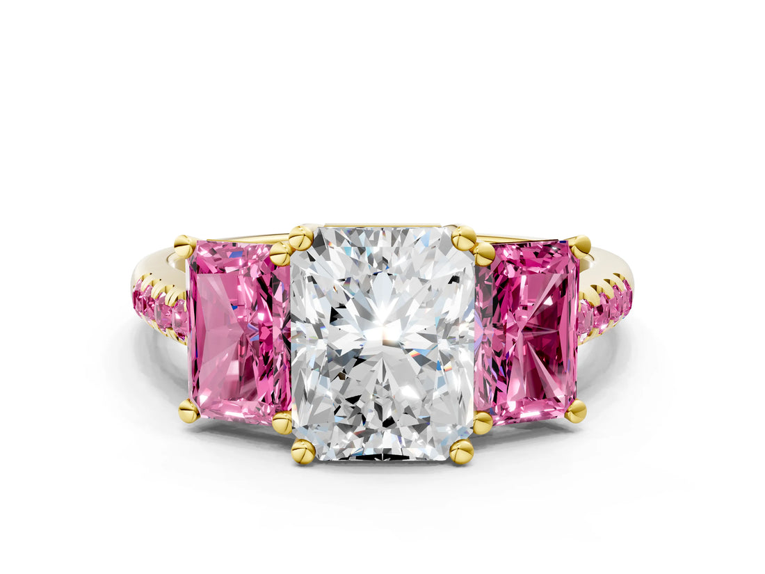 Yellow gold Three-Stone Radiant Cut Diamond Ring with Round with Pink Sapphire side stone Pavé Band and Prong Setting