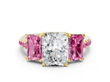 Yellow gold Three-Stone Radiant Cut Diamond Ring with Round with Pink Sapphire side stone Pavé Band and Prong Setting