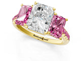 Yellow gold Three-Stone Radiant Cut Diamond Ring with Round with Pink Sapphire side stone Pavé Band and Prong Setting_1