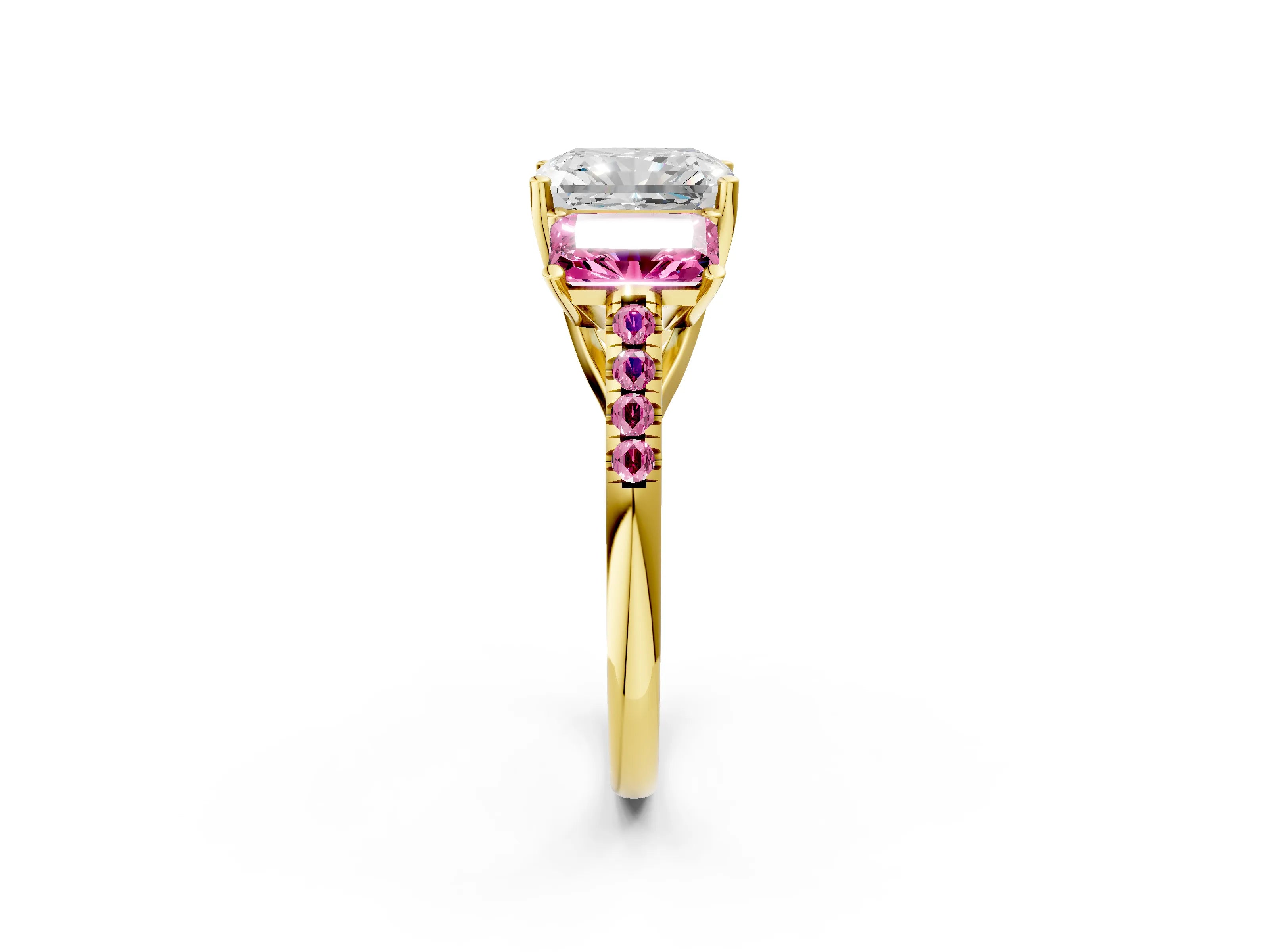 Yellow gold Three-Stone Radiant Cut Diamond Ring with Round with Pink Sapphire side stone Pavé Band and Prong Setting_2
