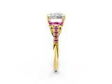 Yellow gold Three-Stone Radiant Cut Diamond Ring with Round with Pink Sapphire side stone Pavé Band and Prong Setting_2