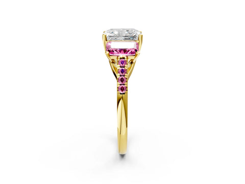 Yellow gold Three-Stone Radiant Cut Diamond Ring with Round with Pink Sapphire side stone Pavé Band and Prong Setting_2