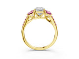 Yellow gold Three-Stone Radiant Cut Diamond Ring with Round with Pink Sapphire side stone Pavé Band and Prong Setting_3