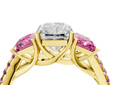 Yellow gold Three-Stone Radiant Cut Diamond Ring with Round with Pink Sapphire side stone Pavé Band and Prong Setting_4