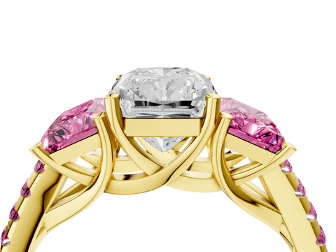 Yellow gold Three-Stone Radiant Cut Diamond Ring with Round with Pink Sapphire side stone Pavé Band and Prong Setting_4