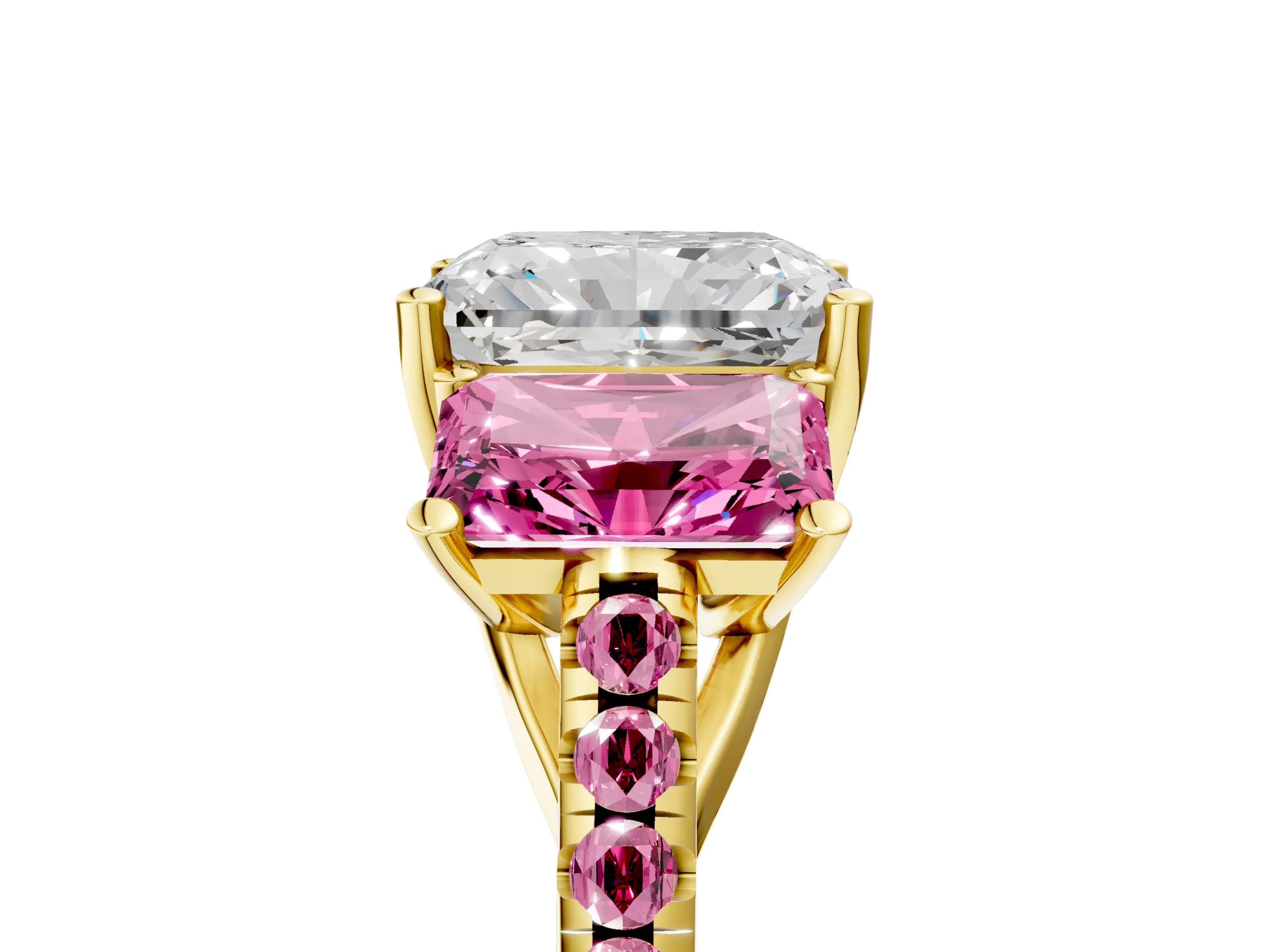 Yellow gold Three-Stone Radiant Cut Diamond Ring with Round with Pink Sapphire side stone Pavé Band and Prong Setting_5