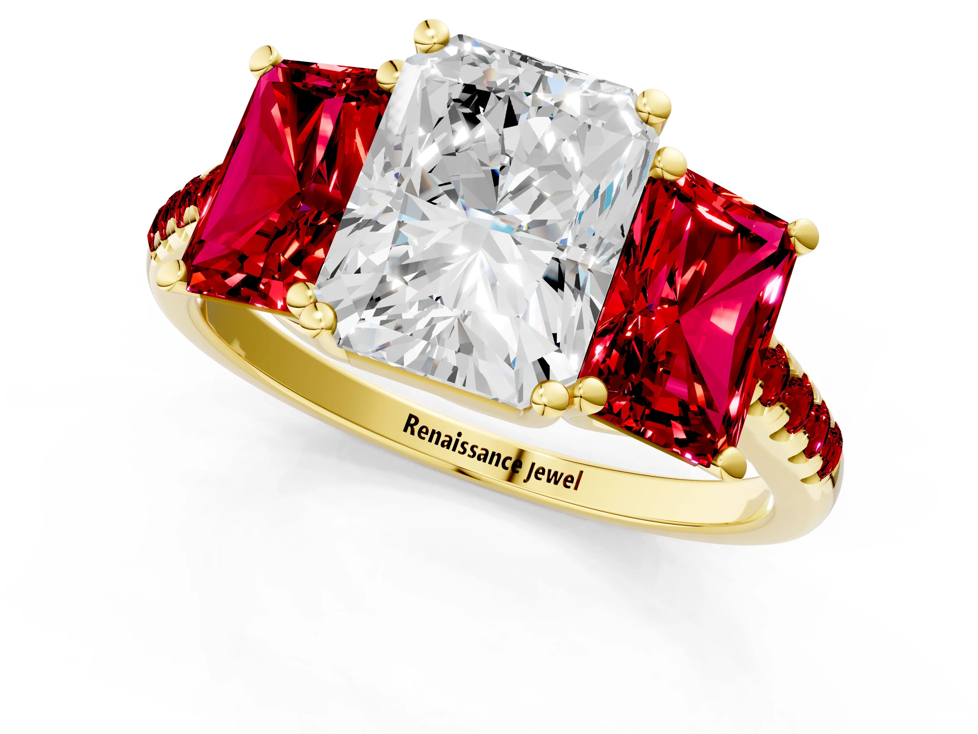 Yellow gold Three-Stone Radiant Cut Diamond Ring with Round with Ruby side stone Pavé Band and Prong Setting_1