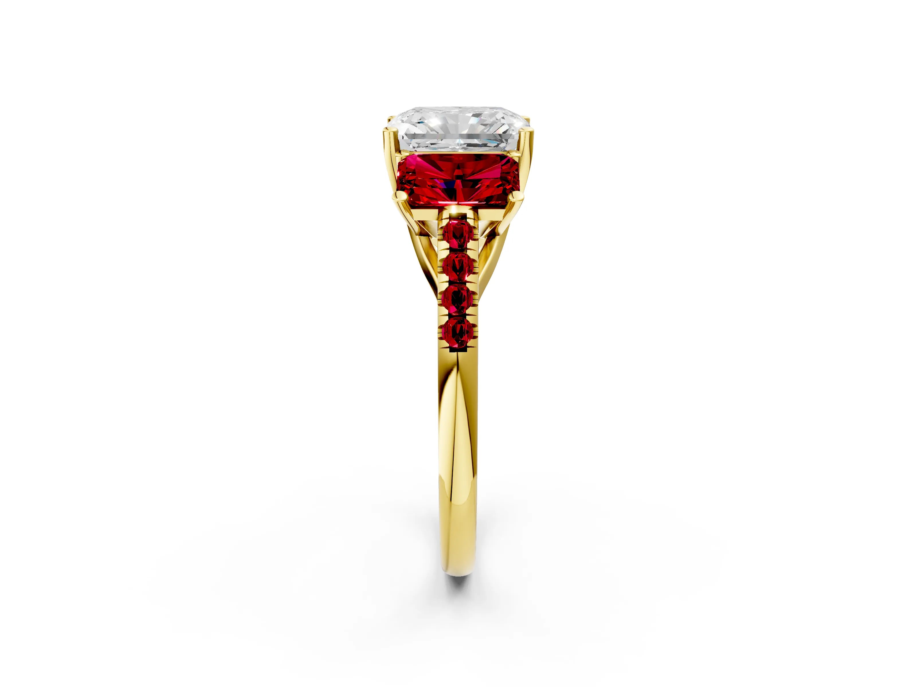 Yellow gold Three-Stone Radiant Cut Diamond Ring with Round with Ruby side stone Pavé Band and Prong Setting_2