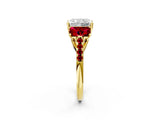 Yellow gold Three-Stone Radiant Cut Diamond Ring with Round with Ruby side stone Pavé Band and Prong Setting_2