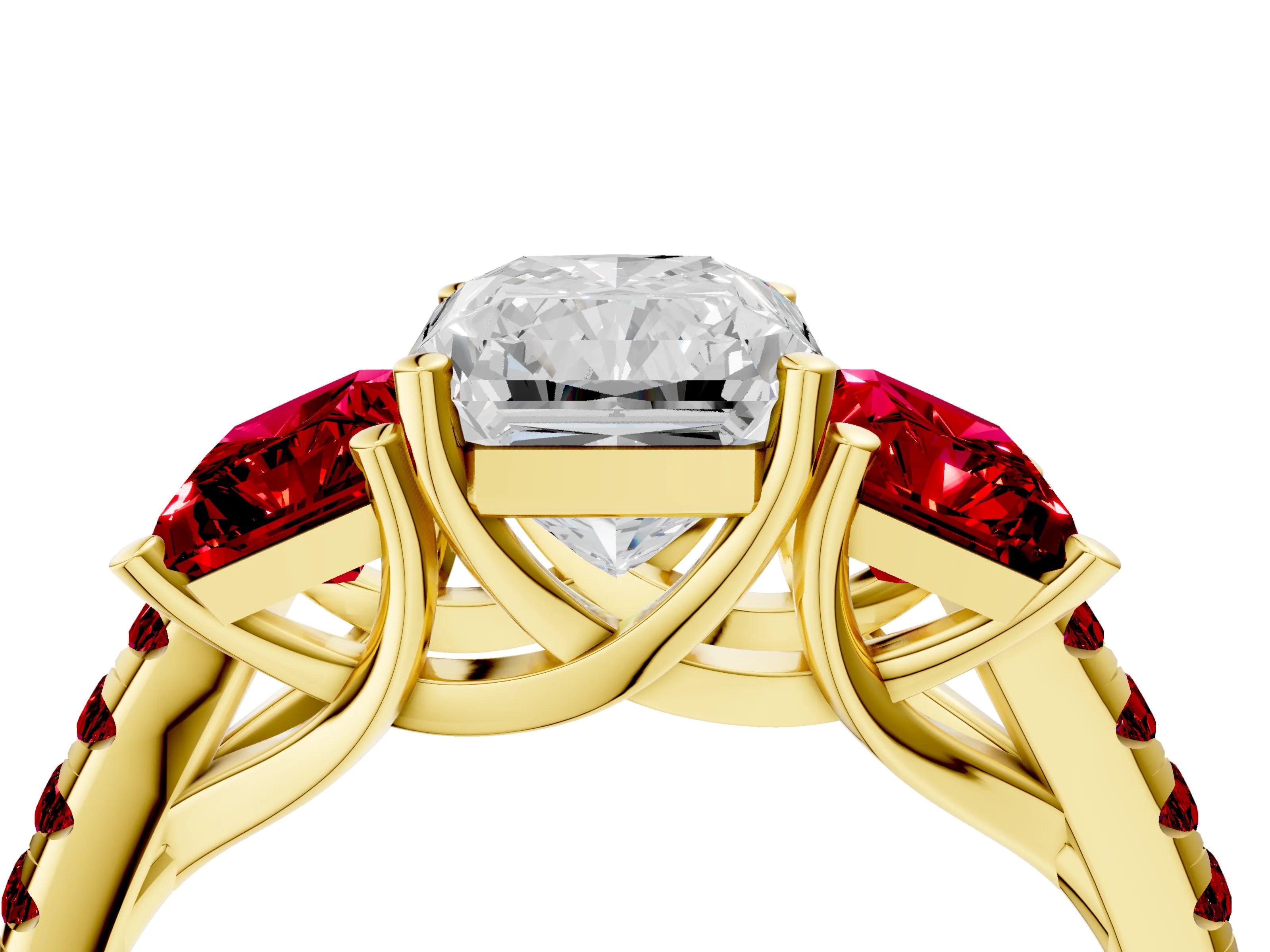Yellow gold Three-Stone Radiant Cut Diamond Ring with Round with Ruby side stone Pavé Band and Prong Setting_4