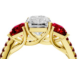 Yellow gold Three-Stone Radiant Cut Diamond Ring with Round with Ruby side stone Pavé Band and Prong Setting_4