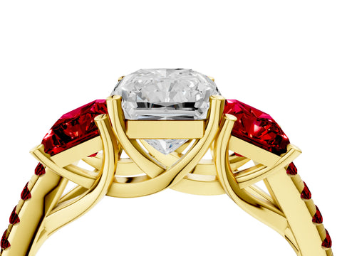 Yellow gold Three-Stone Radiant Cut Diamond Ring with Round with Ruby side stone Pavé Band and Prong Setting_4