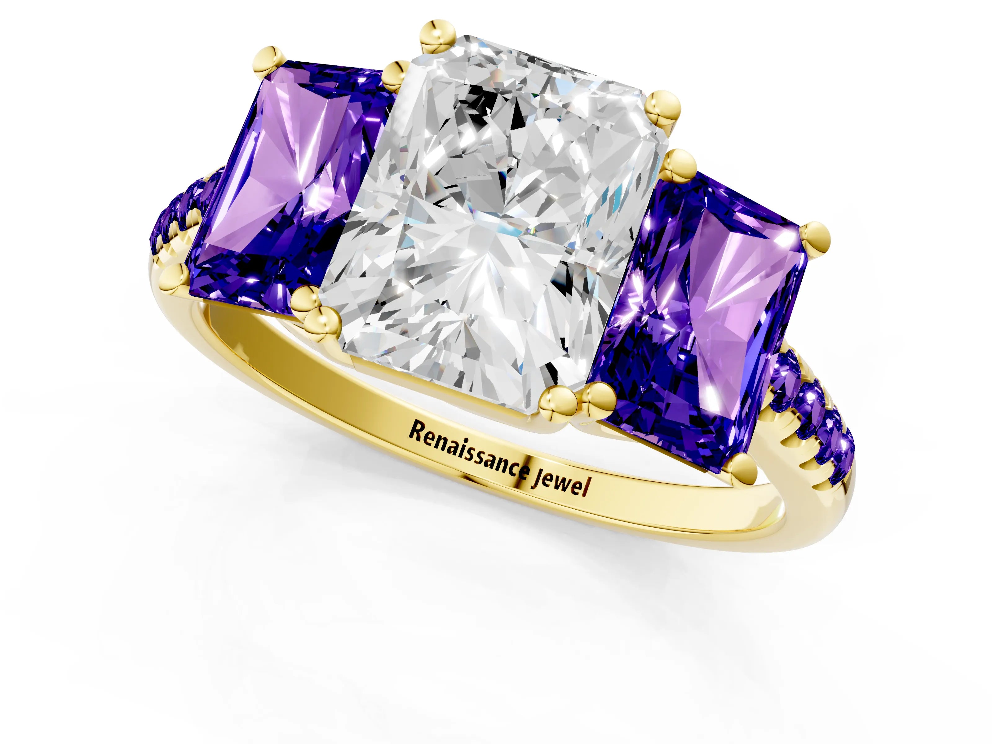 Yellow gold Three-Stone Radiant Cut Diamond Ring with Round with Tanzanite side stone Pavé Band and Prong Setting_1