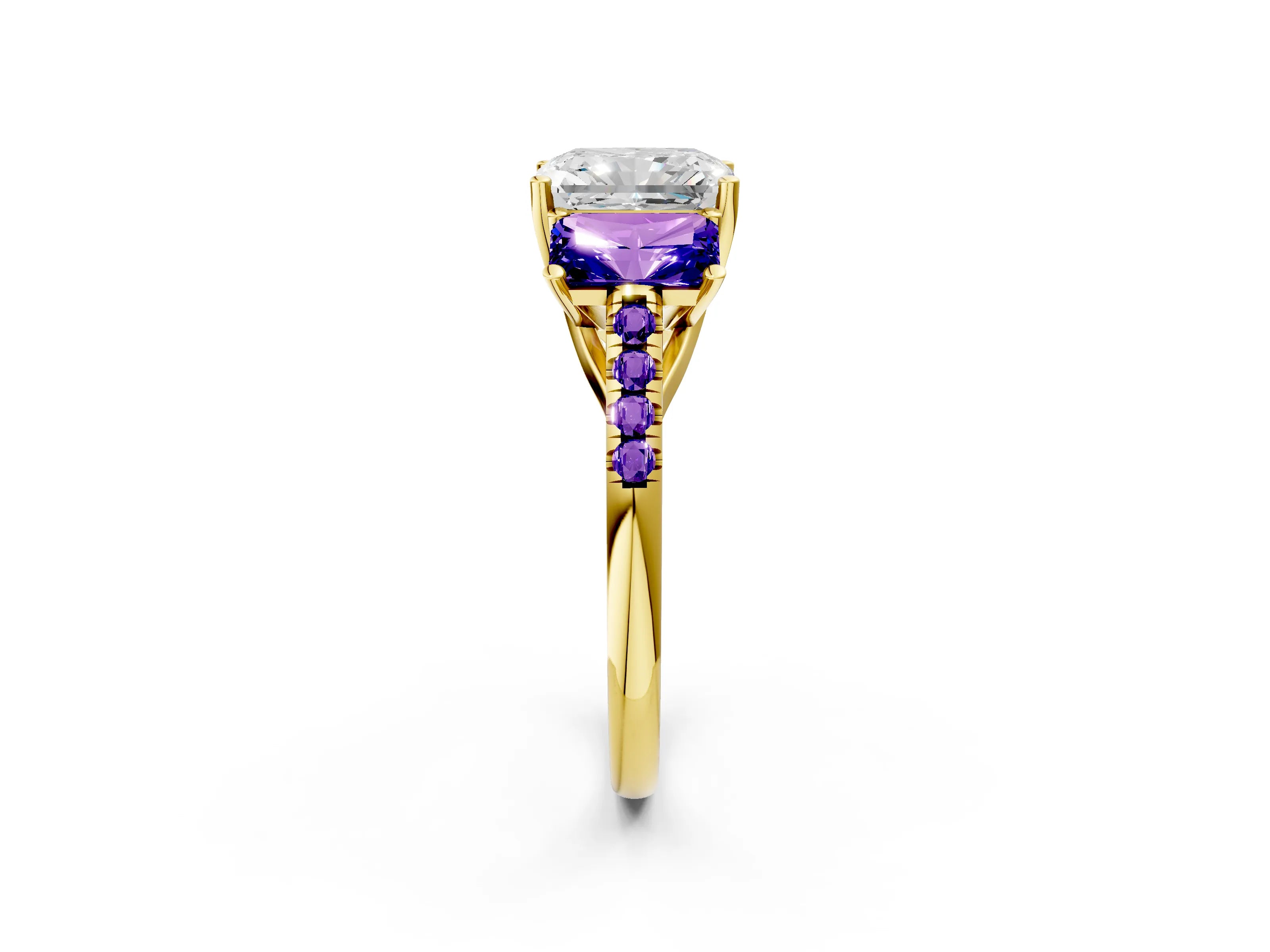 Yellow gold Three-Stone Radiant Cut Diamond Ring with Round with Tanzanite side stone Pavé Band and Prong Setting_2