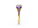 Yellow gold Three-Stone Radiant Cut Diamond Ring with Round with Tanzanite side stone Pavé Band and Prong Setting_2