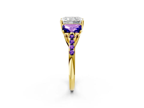 Yellow gold Three-Stone Radiant Cut Diamond Ring with Round with Tanzanite side stone Pavé Band and Prong Setting_2