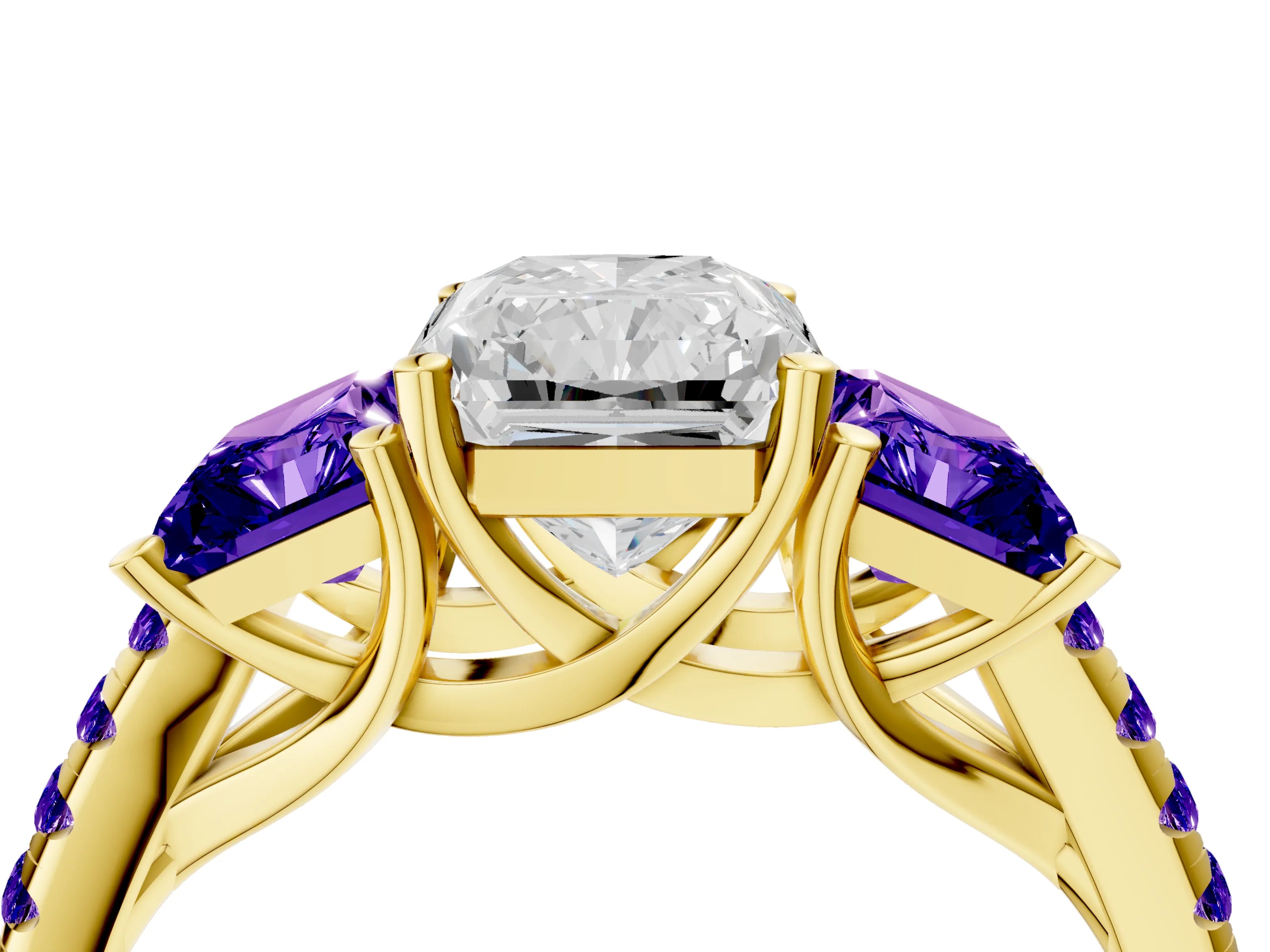Yellow gold Three-Stone Radiant Cut Diamond Ring with Round with Tanzanite side stone Pavé Band and Prong Setting_4