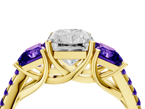 Yellow gold Three-Stone Radiant Cut Diamond Ring with Round with Tanzanite side stone Pavé Band and Prong Setting_4