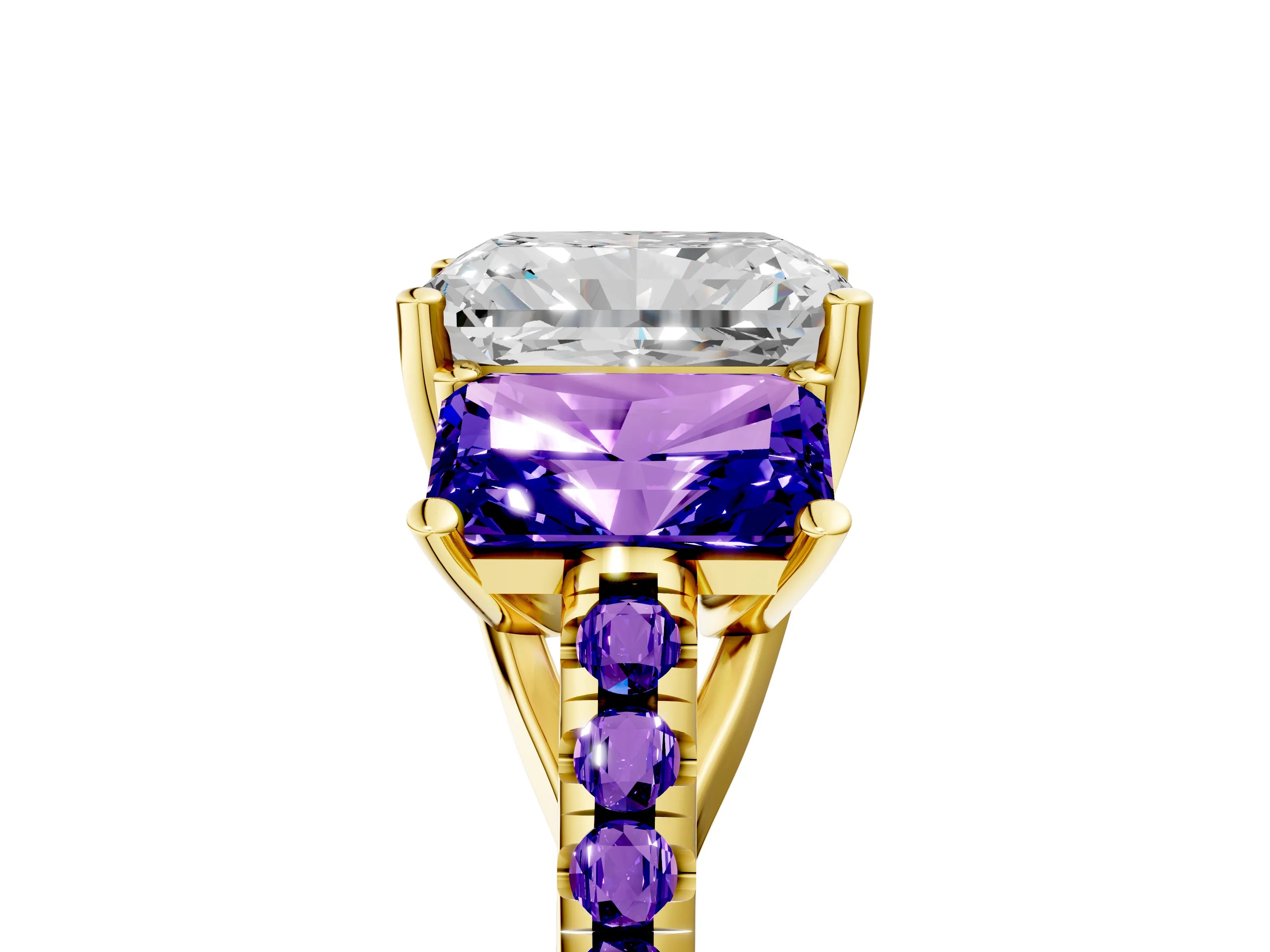 Yellow gold Three-Stone Radiant Cut Diamond Ring with Round with Tanzanite side stone Pavé Band and Prong Setting_5