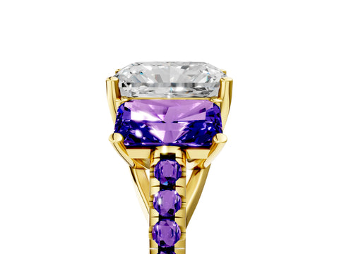 Yellow gold Three-Stone Radiant Cut Diamond Ring with Round with Tanzanite side stone Pavé Band and Prong Setting_5