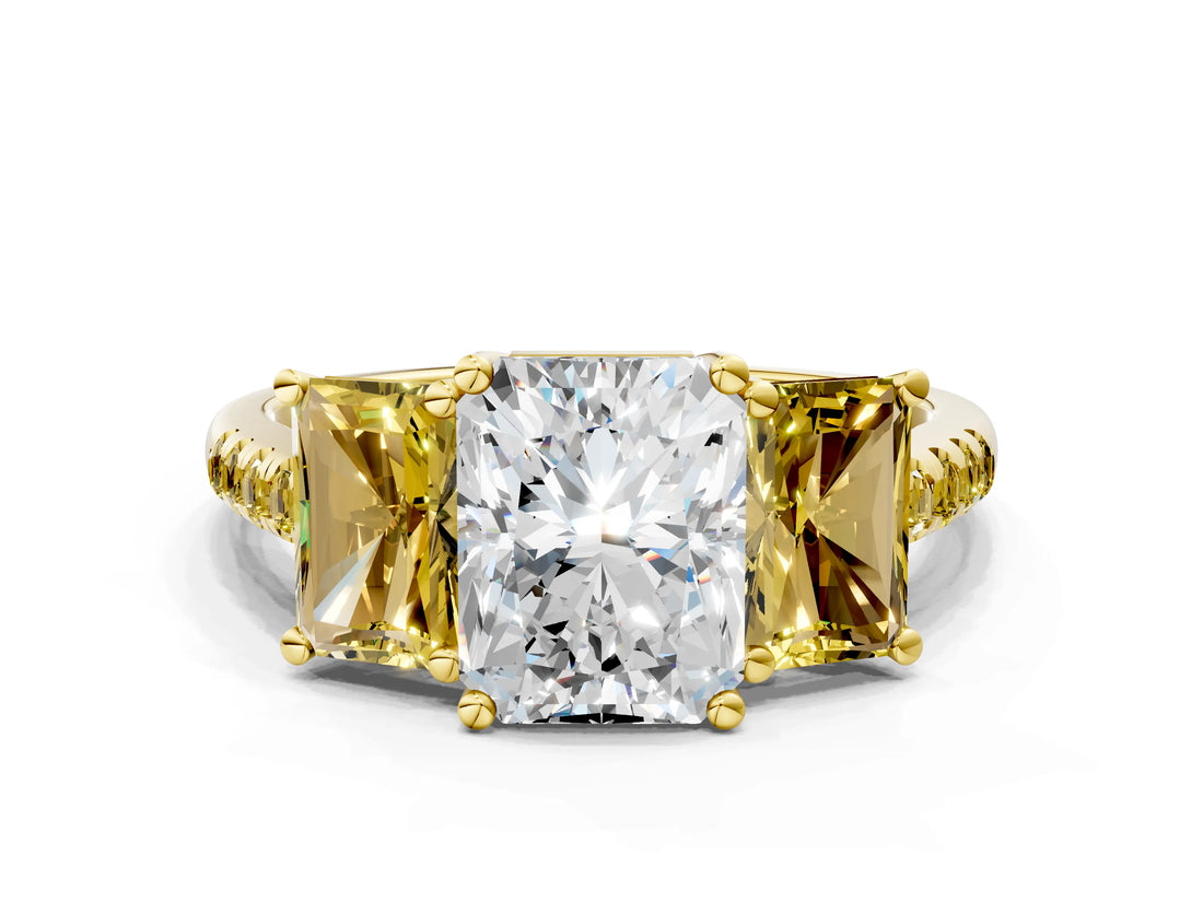 Yellow gold Three-Stone Radiant Cut Diamond Ring with Round with Yellow Sapphire side stone Pavé Band and Prong Setting