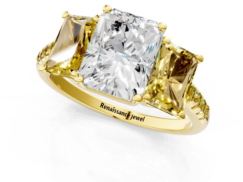 Yellow gold Three-Stone Radiant Cut Diamond Ring with Round with Yellow Sapphire side stone Pavé Band and Prong Setting_1