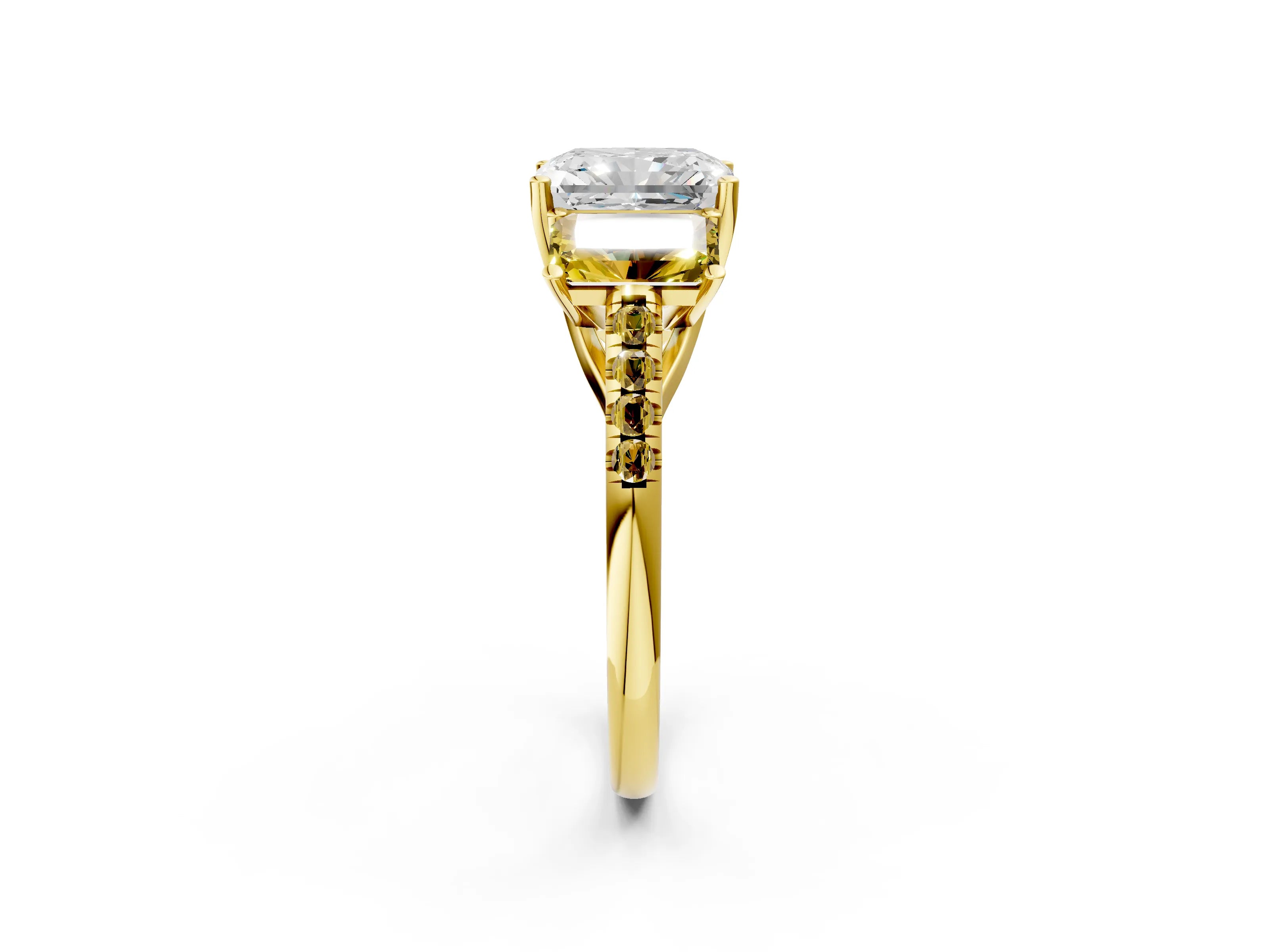 Yellow gold Three-Stone Radiant Cut Diamond Ring with Round with Yellow Sapphire side stone Pavé Band and Prong Setting_2