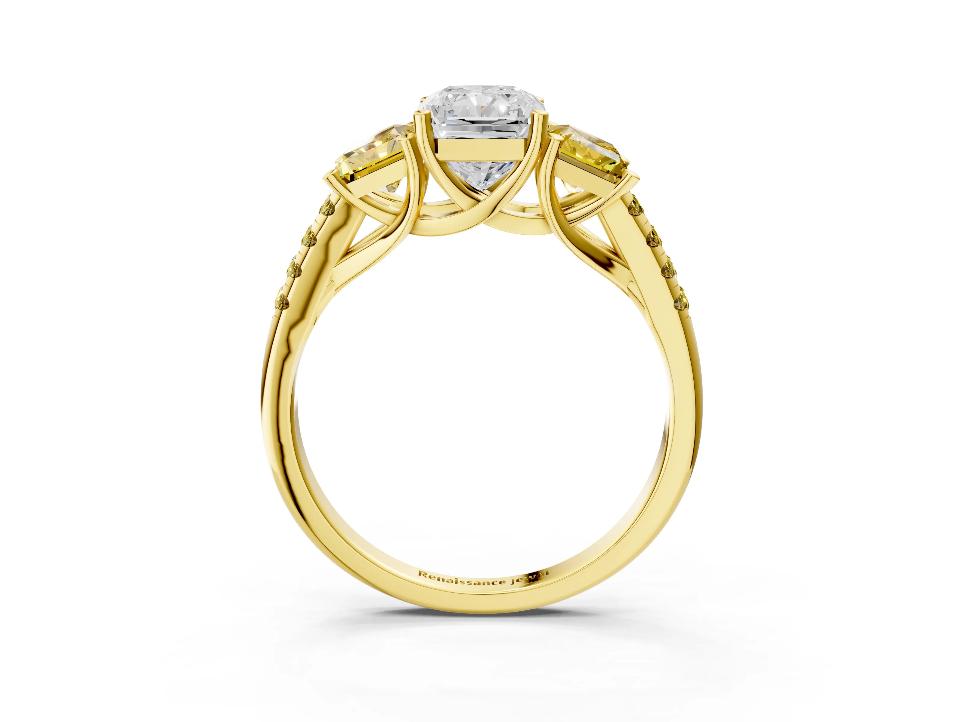 Yellow gold Three-Stone Radiant Cut Diamond Ring with Round with Yellow Sapphire side stone Pavé Band and Prong Setting_3