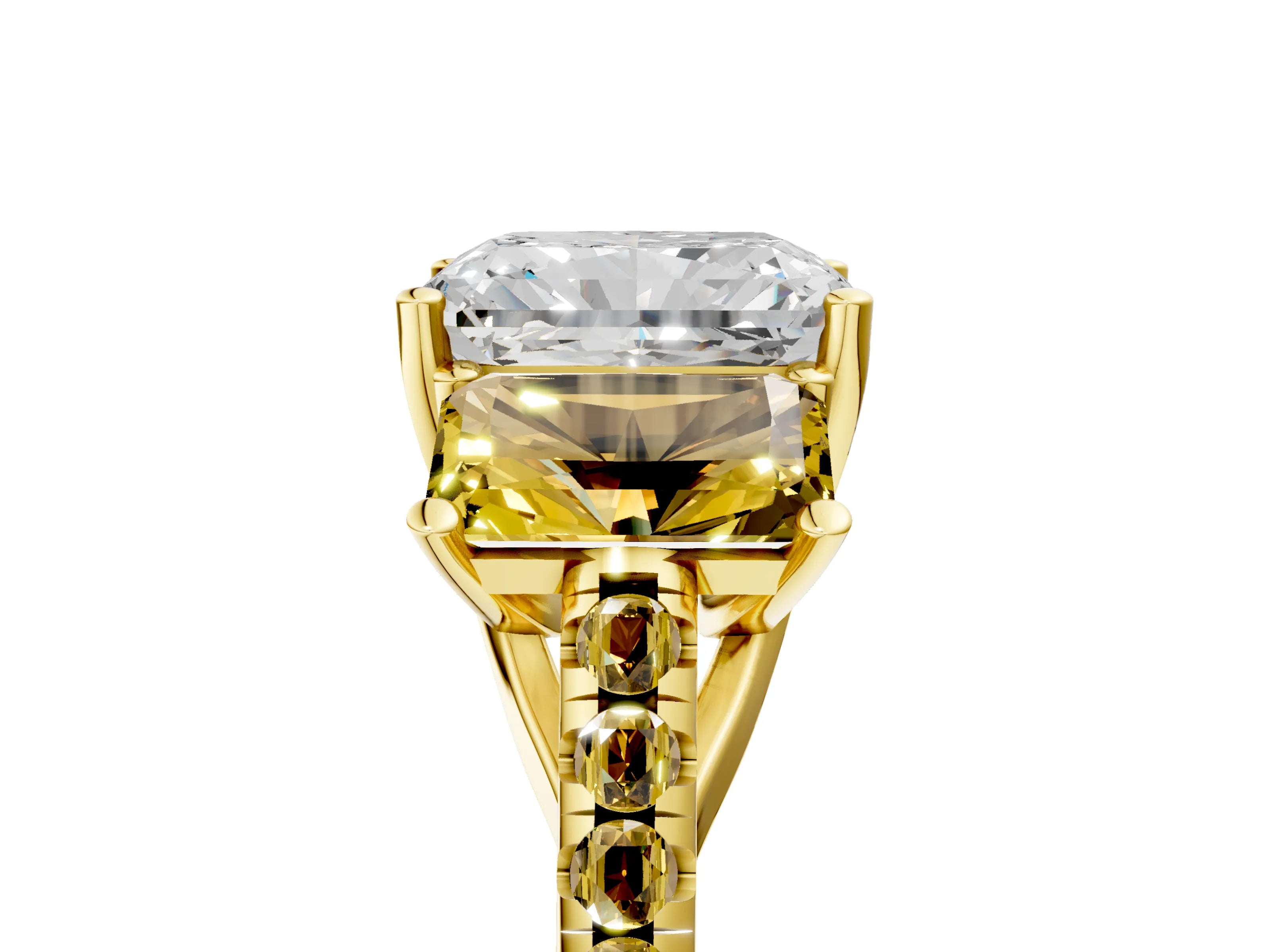 Yellow gold Three-Stone Radiant Cut Diamond Ring with Round with Yellow Sapphire side stone Pavé Band and Prong Setting_5