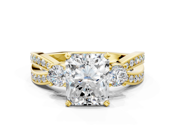 Yellow Gold Radiant Cut Three Stone Engagement Ring Setting with Graduated Pave Split Twist Band