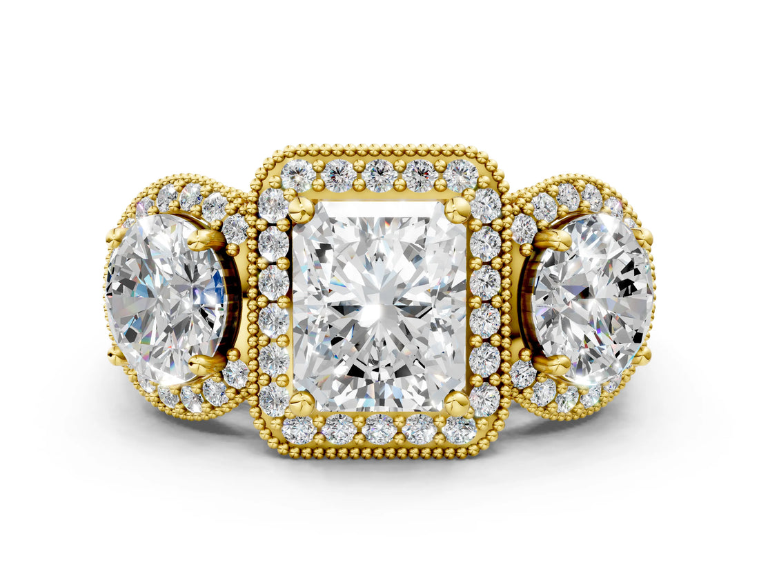 Yellow gold Three-Stone Radiant Cut Halo Diamond Milgrain Band with Four-Prong Setting_3