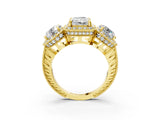 Yellow gold Three-Stone Radiant Cut Halo Diamond Milgrain Band with Four-Prong Setting_6