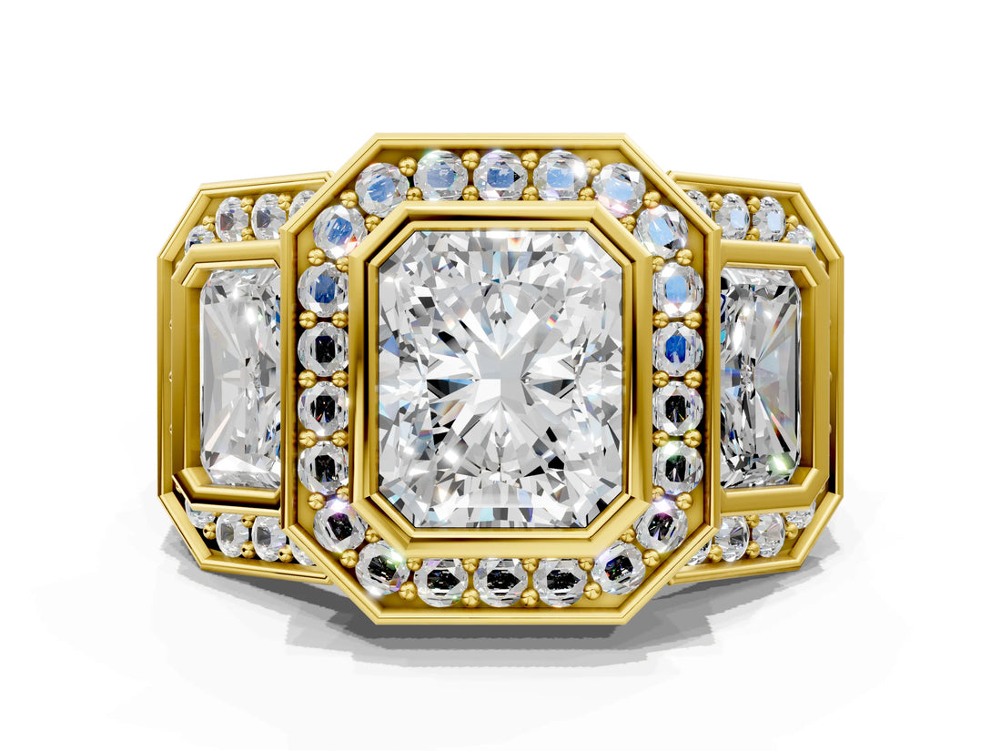 Yellow gold Three-Stone Radiant Cut Halo Pavé Diamond Ring_3