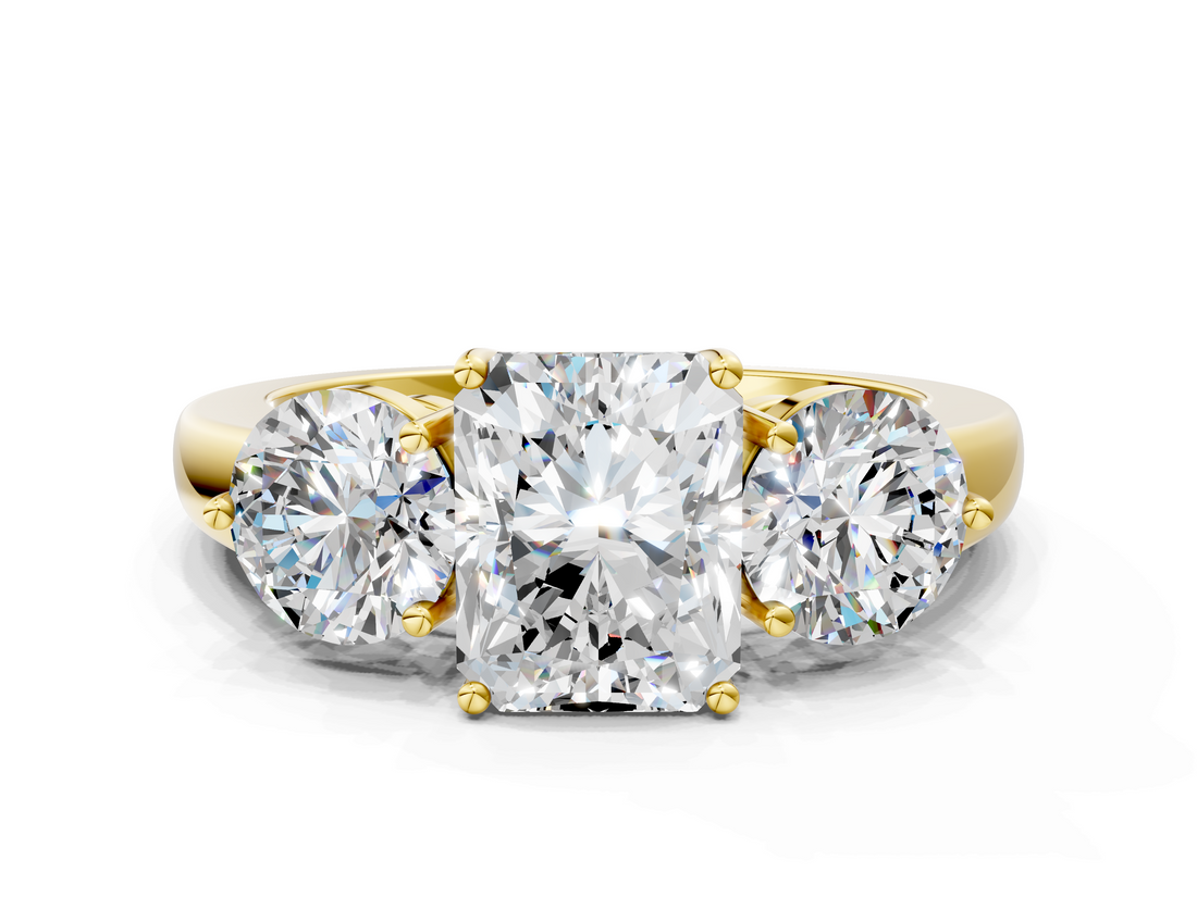 Yellow gold Three-Stone Radiant Cut Solitaire Ring with Prong Setting on a Classic Band_118
