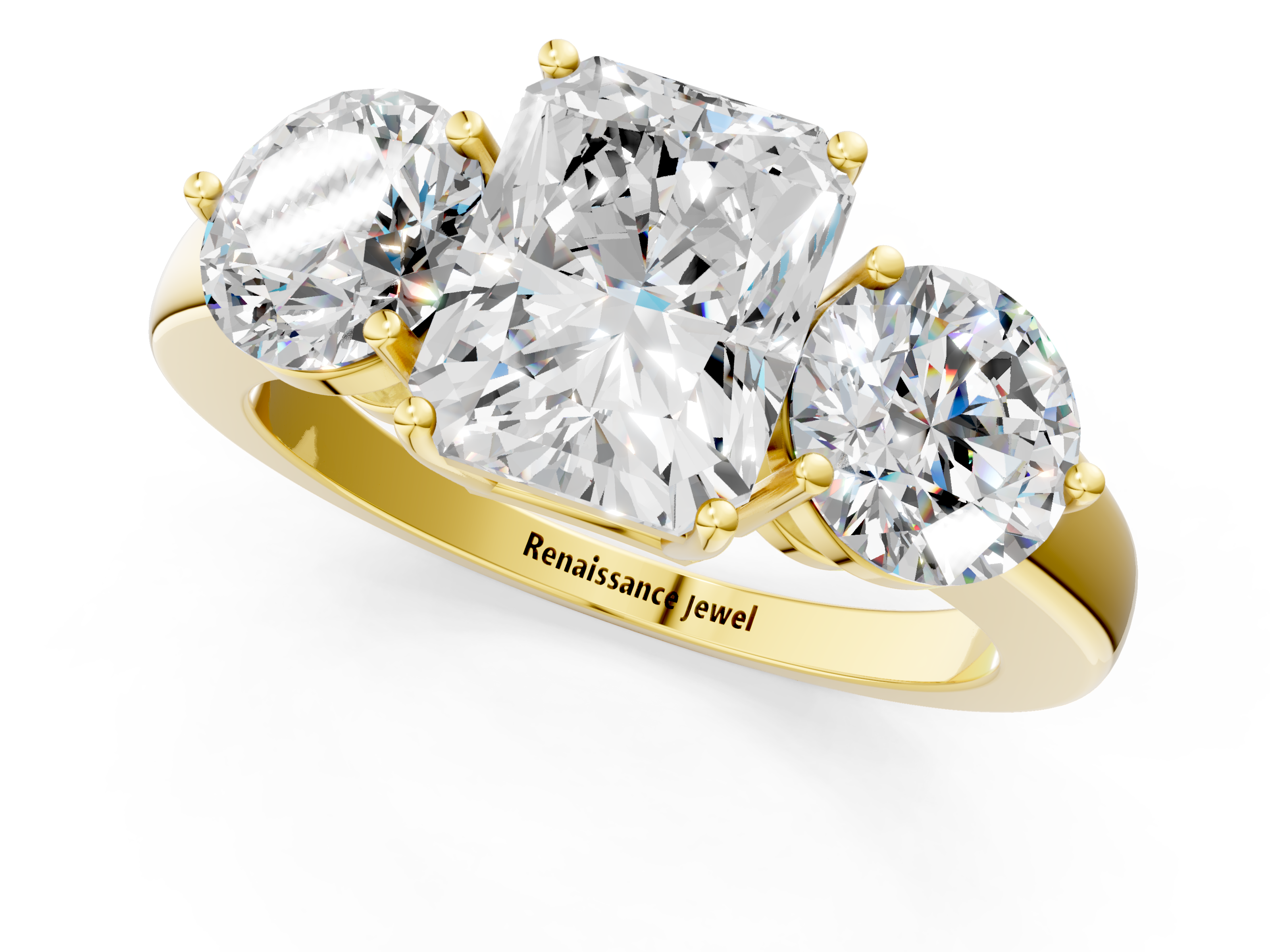Yellow gold Three-Stone Radiant Cut Solitaire Ring with Prong Setting on a Classic Band_85
