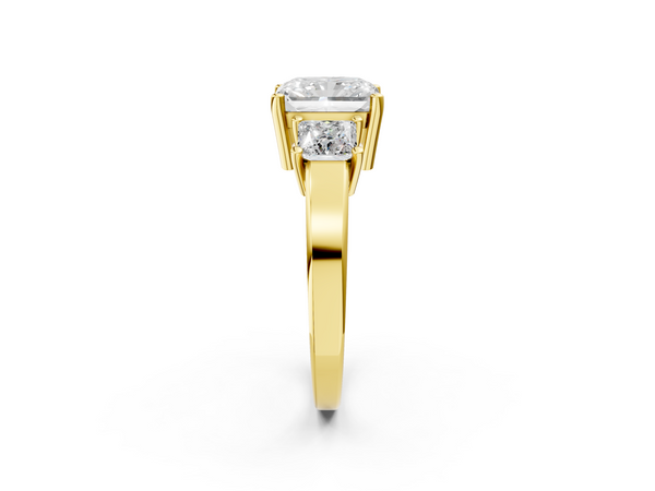 Yellow Gold Radiant Cut Three Stone Engagement Ring Setting with Princess-Cut Side Stones
