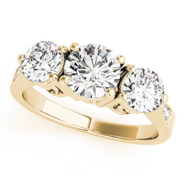 Yellow gold Three-Stone Emerald Diamond Engagement Ring with Prong Setting on a Classic Band