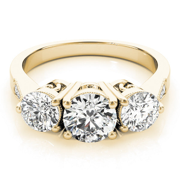 Yellow gold Three-Stone Heart Diamond Engagement Ring with Prong Setting on a Classic Band